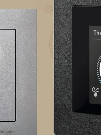 We integrate elegant and intelligent control panels like this Schneider Electric KNX interface. It combines a multi-touch display for precise thermostat adjustments with physical push-buttons for instant control of blinds and lighting, offering a perfect blend of design and utility.