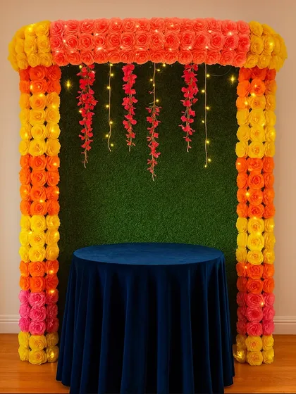 This vibrant, multi-color floral arch is a cheerful and bright option for your Ganpati or Navratri decor, complete with sparkling lights.