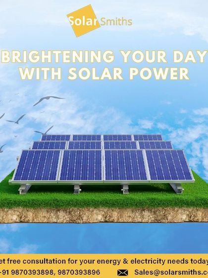 I am brightening your day with solar power. This image of panels floating on a patch of green in the sky represents the clean, limitless potential of solar.