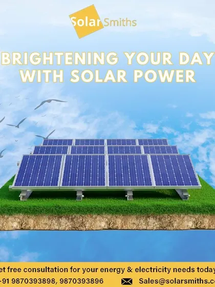 I am brightening your day with solar power. This image of panels floating on a patch of green in the sky represents the clean, limitless potential of solar.