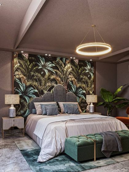 This bedroom design incorporates a bold, tropical-print wallpaper as a feature wall. Our renders show how to balance a strong pattern with sophisticated furniture and lighting for a chic, contemporary look.
