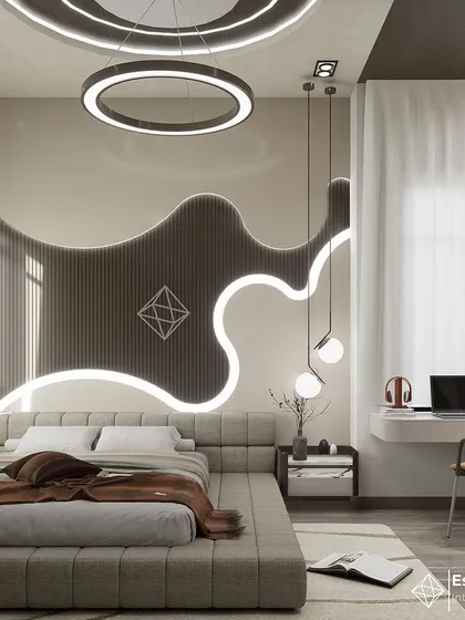 In this modern bedroom, I used bold, organic curves and integrated LED lighting to create a dramatic and artistic feature wall. This space is a testament to how we can blend unique architectural elements with practical needs like a study nook for a truly personalized room.