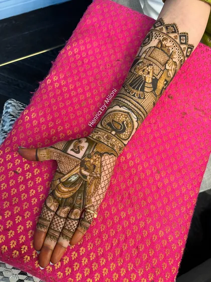 A recent bridal piece combining a groom portrait with a doli scene. The use of negative space makes the figures stand out beautifully.