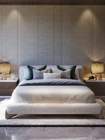 A symmetrical view of the bed and headboard wall, emphasizing the clean lines and balanced composition of the design.