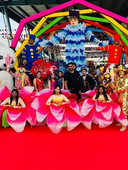 This is what a full-scale carnival looks like! Our entire troupe, including mascots, clowns, stilt walkers, and costumed dancers, came together for a massive corporate event for Saint Gobain in Chennai, creating a truly spectacular visual.