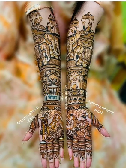 A full baraat procession on both arms. This design includes the groom on an elephant, the doli, and the varmala ceremony, telling the entire wedding story.