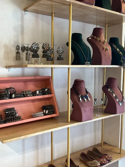 A display of stunning, unique jewelry in a Jaipur boutique. I always look for one-of-a-kind accessories to complete my clients' looks.