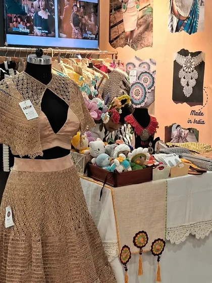 Our stall at Startup Mahakumbh, featuring a stunning crochet lehenga set. This demonstrates our ability to create elaborate, full-ensemble outfits for weddings and grand celebrations.