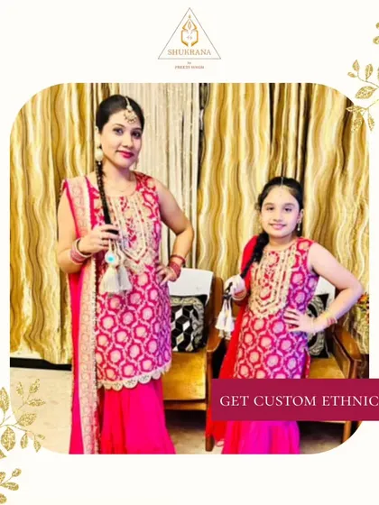 We love creating matching outfits for mothers and daughters. This custom-designed pink sharara set features intricate gold embroidery on the kameez, perfectly coordinated for both mother and child to shine together at any celebration.
