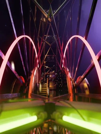 'Karnival's Eye', a first-person view from inside the haunted Ferris wheel. I modeled the complex structure and used neon tube lighting to create a disorienting, vertigo-inducing ride into darkness.