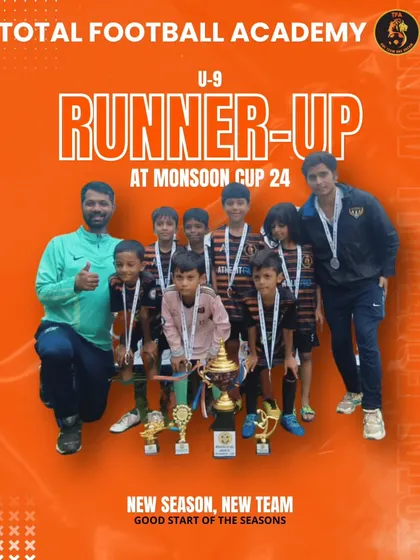 A graphic celebrating our U9 team's runner-up finish at the Monsoon Cup 24, a great start for a new team.