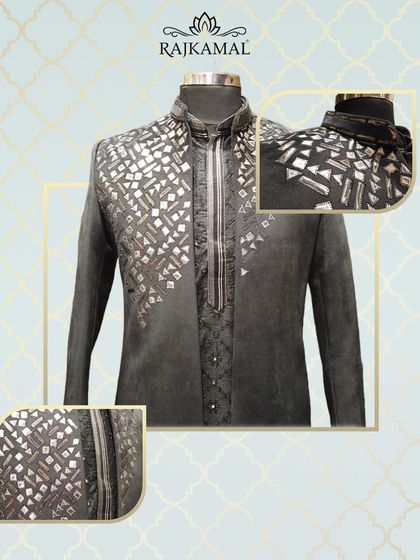 A distinguished grey Indo-Western jacket with asymmetric sequin and mirror work. This collage shows details of the collar and cuffs.