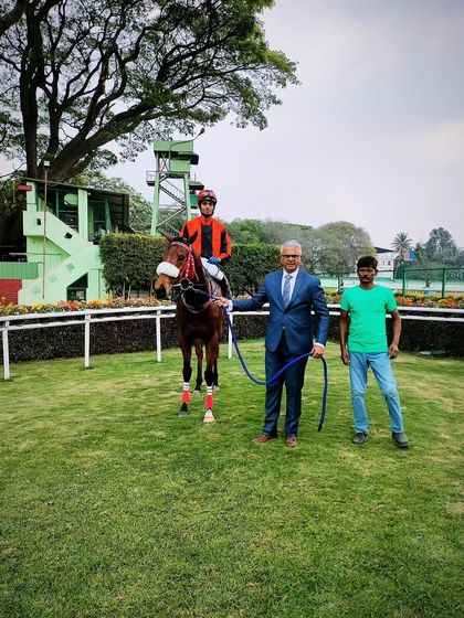 Sofiya, with jockey Shreyas Singh S, after winning the memorial cup.