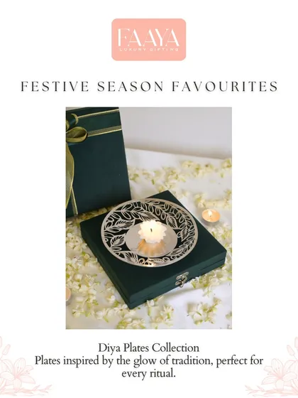This graphic highlights our Diya Plates Collection, describing them as plates inspired by the glow of tradition, perfect for every ritual. The intricate silver cutwork design is a beautiful example of our craftsmanship.
