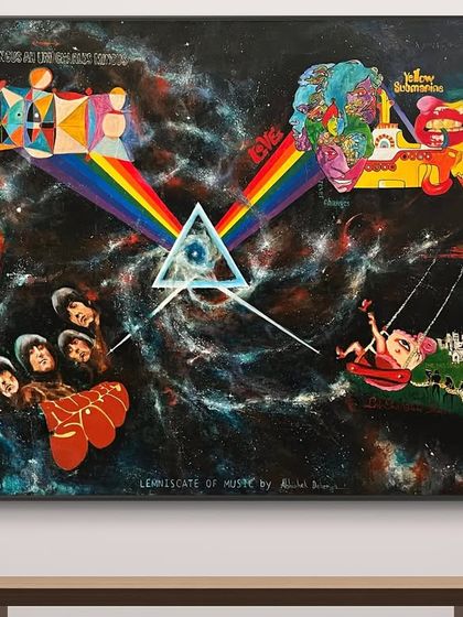 'Lemniscate of Music' is my cosmic tribute to some of the greatest album covers in history, from Pink Floyd to The Beatles. This piece, now in a private collection, visualizes music as an infinite, timeless universe connecting us all.