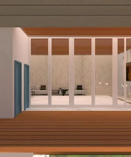 This render shows how the indoor space in Gorakhpur opens up completely to a wooden deck area via folding glass doors.