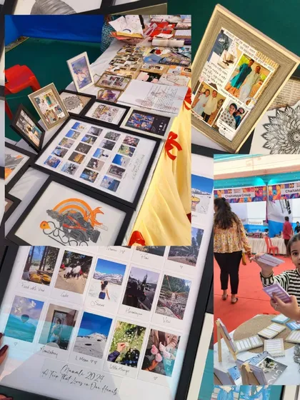 A collage from my flea market experience, showing various framed pieces and how customers interact with the art. It’s a joy to see my work, like the framed photo collages and deity prints, connect with people in person.