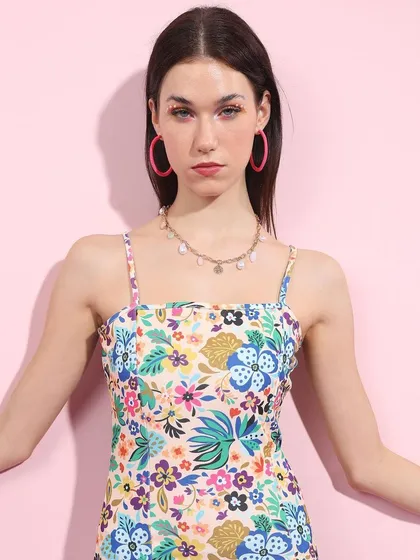 A duplicate of the floral dress look, showcasing its vibrant pattern and simple, flattering silhouette.