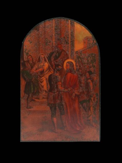 A scene showing Jesus before Pontius Pilate, from the significant collection of eight oil paintings depicting the steps to crucifixion.