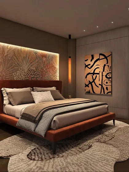This guest suite at Palais Royale offers hotel-grade comfort for visiting family and VIP guests. The design uses a warm, earthy palette with a custom-printed headboard and abstract art to create a space that is both welcoming and sophisticated.