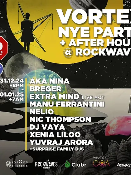 The full lineup for the Vortex NYE after-hours party at Rockwaves, Goa. It was an epic 24-hour celebration with a surprise family DJ set to top it all off.