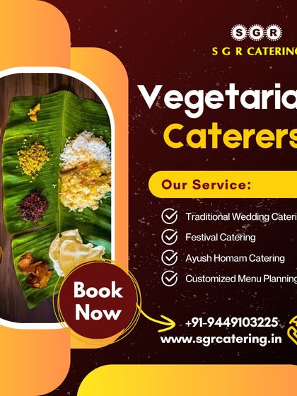 Our vegetarian catering services include traditional wedding catering, festival catering, and customized menu planning. This image of a banana leaf meal highlights our expertise in traditional feasts.