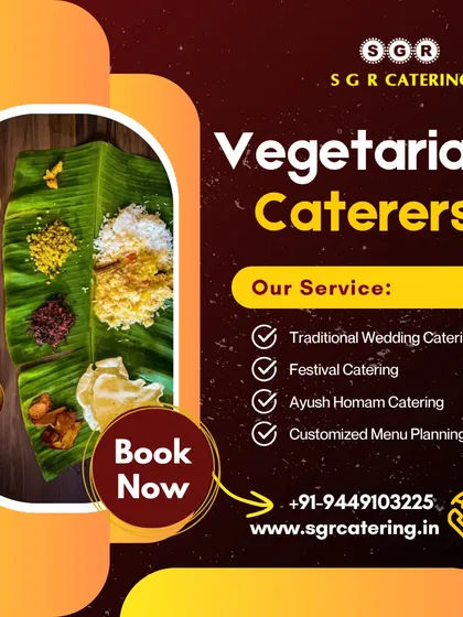 Our vegetarian catering services include traditional wedding catering, festival catering, and customized menu planning. This image of a banana leaf meal highlights our expertise in traditional feasts.