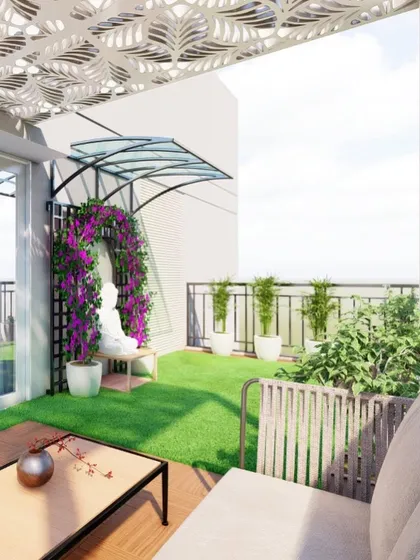 Another view of the same terrace concept, showing a peaceful meditation corner. I added a Buddha statue under a floral arch, creating a serene spot to unwind. Every project I design is unique to the client's needs.