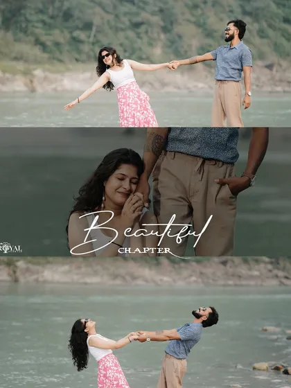 A collage of a couple's playful and romantic moments by the river, titled 'Beautiful Chapter'.
