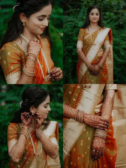 A collage celebrating the bride-to-be. These portraits of Janhavi showcase her beautiful traditional attire, intricate henna, and elegant jewelry before her big day.