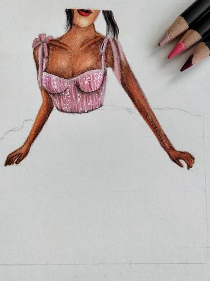 The first WIP of the pink dress illustration, showing the initial coloring of the bodice and skin.