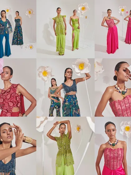 A collage showcasing the full range of a contemporary Indian wear collection I styled. The images highlight a variety of silhouettes, from sharara sets to gowns, all unified by a floral theme and a vibrant color palette.