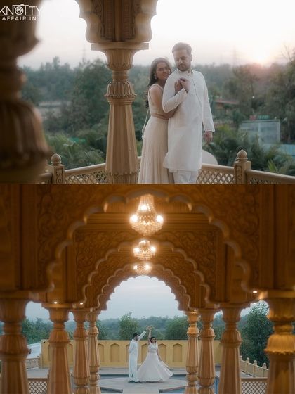Grand, architectural shots at a palatial location. The wide view of them dancing under the arches creates a sense of royal romance.