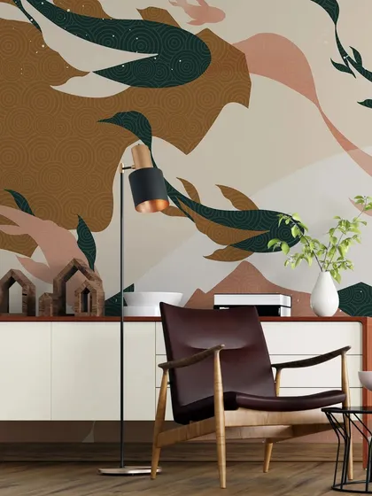 This image highlights how the abstract fish and mountain mural complements modern furniture and natural wood tones, creating a harmonious and stylish interior.
