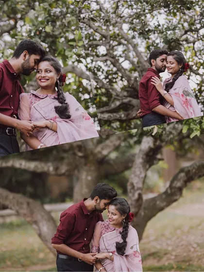 A collage of a couple's romantic moments from their vintage-themed pre-wedding shoot under a large tree.