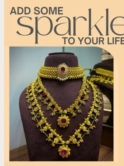 This graphic showcases one of my popular Maharashtrian bridal sets, complete with a choker and a multi-layered haar. I have many such sets that give you a sparkling, traditional look.