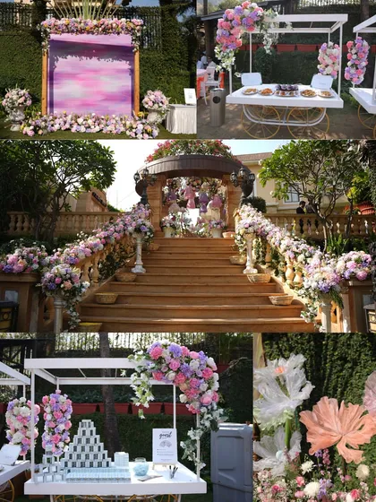 A collage showing the various elements of a 'Pastel Fiesta' carnival. It includes the grand staircase decorated with flowers, food carts, and different seating areas, all tied together with a soft pastel color palette.