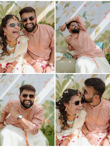 A collage of the couple being cool and candid, wearing sunglasses and sharing laughs during their South Indian style Haldi event.