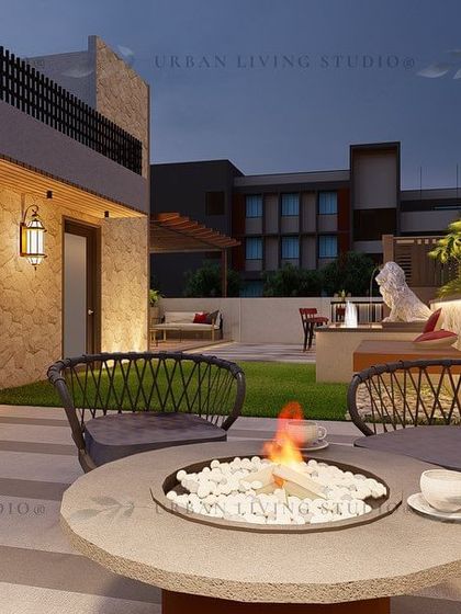 A design concept for a Gurgaon terrace, featuring a cozy fire pit table and chairs. The principle of 'less is more' guides this clean and elegant layout.