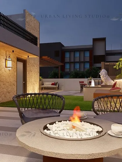A design concept for a Gurgaon terrace, featuring a cozy fire pit table and chairs. The principle of 'less is more' guides this clean and elegant layout.