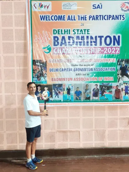 One of our senior players, Praveen Kumar, who secured a bronze medal in the Men's Singles 40+ category at the Delhi State Badminton Championship.