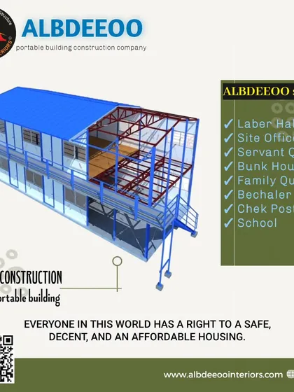 This graphic showcases the range of our commercial and institutional services, including labor habitats, site offices, servant quarters, schools, and check post offices.