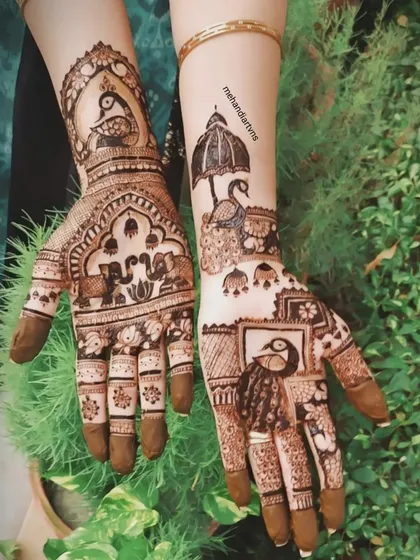 A beautiful and intricate design created for the Teej festival. It features traditional Rajasthani motifs like elephants, peacocks, and umbrellas.
