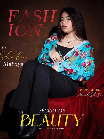 A magazine-style layout focusing on the secret of beauty. This shot combines a quirky printed shirt with a classic studio setup for a modern and eye-catching fashion portrait.
