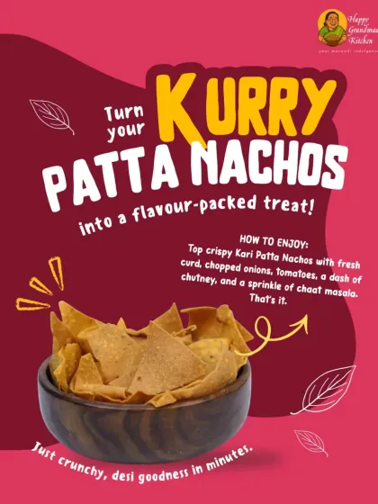 This is our desi fusion snack, Kari Patta Nachos. They are delicious on their own, but this graphic gives you a simple recipe to turn them into a flavour-packed chaat with curd, onions, and chutney.