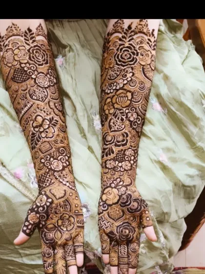 A series of shots showcasing the bridal mehndi for Tabassum. The design features bold, prominent roses that wrap around the arm.