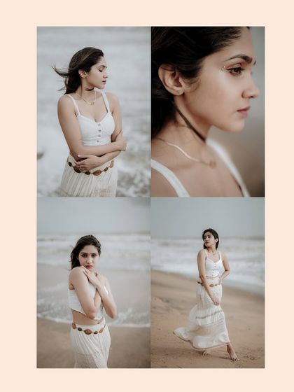 A four-image collage from a beach fashion shoot, featuring different angles and expressions. This is a great way to present a lookbook-style story for a single outfit.