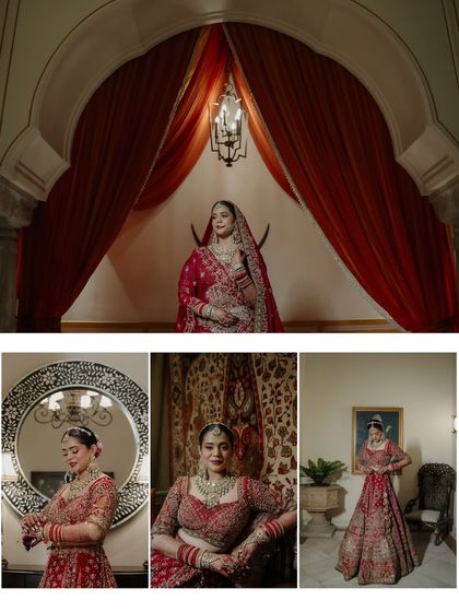 A collage of the bride getting ready for her Jaipur wedding. These portraits capture her in her regal red lehenga, from moments of reflection in the mirror to full-length shots in the palace.