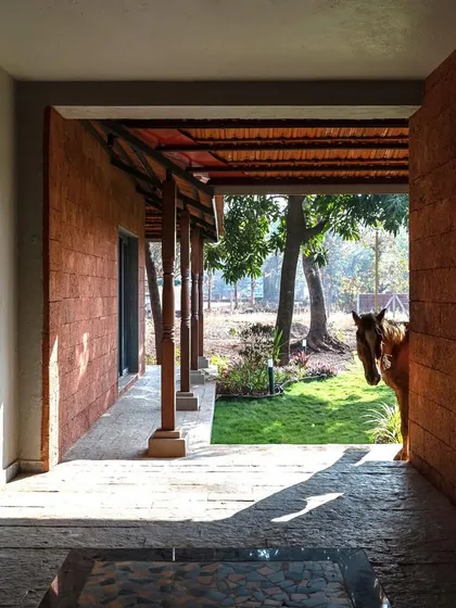 A candid moment at Maison Rouge, where the home's veranda opens directly to the rural landscape. This image captures the essence of what we strive for: creating an oasis where our clients can withdraw from the city and reconnect with nature and their roots.