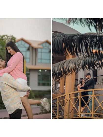 A diptych showing a couple's playful and loving moments, from a happy lift to a quiet embrace on a bridge.